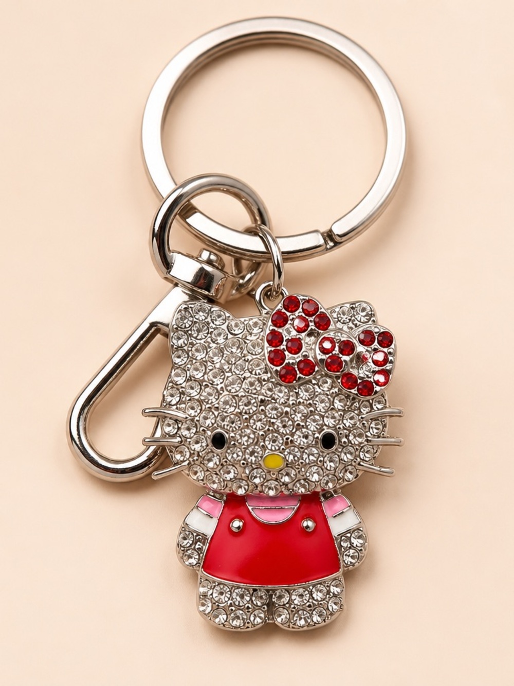 Rhinestone Cat Charm Keychain with Red Bow and red Dress